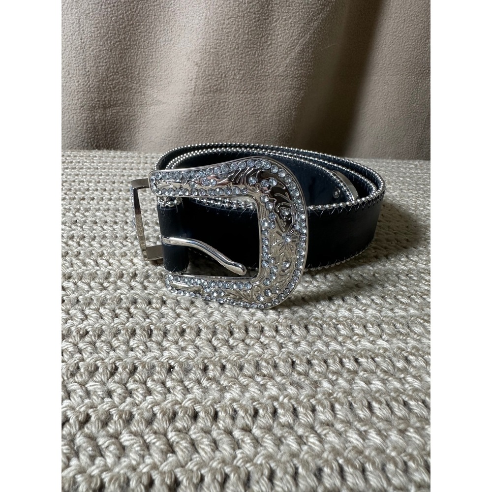 Western Rhinestone Bling Belt Black Faux Leather Silver Buckle XL RN52469